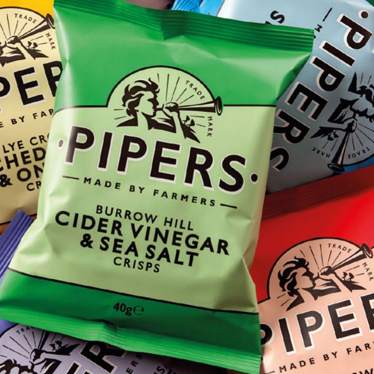 A selection of Pipers crisps, showing colorful bags.