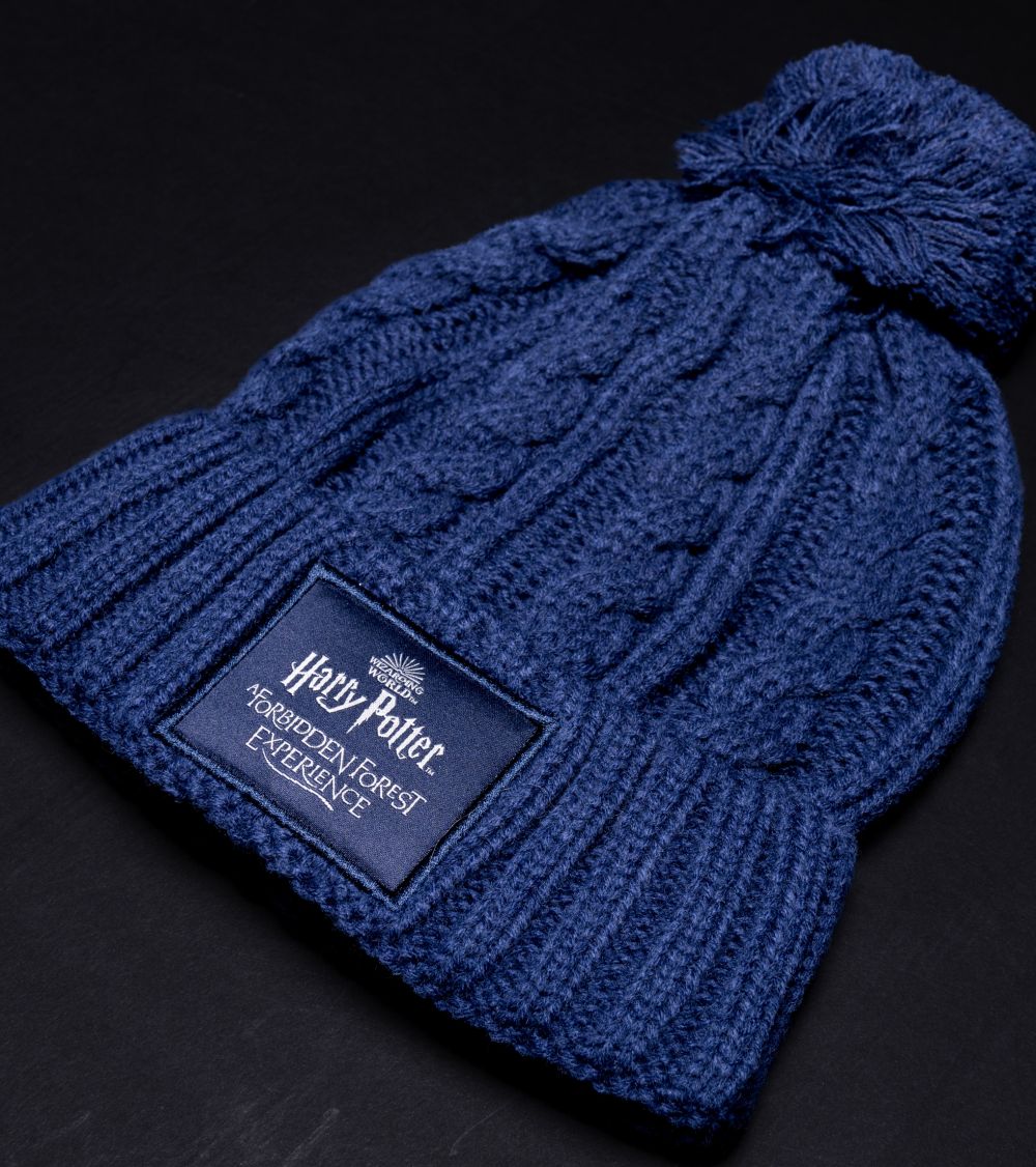 Blue woolly hat.