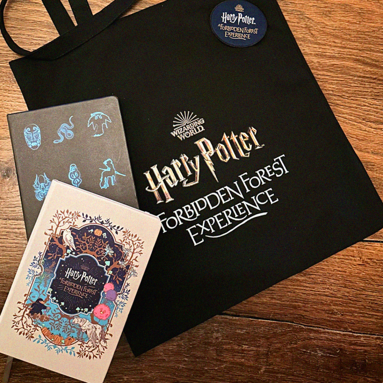 A Forbidden Forest bag and notebooks.