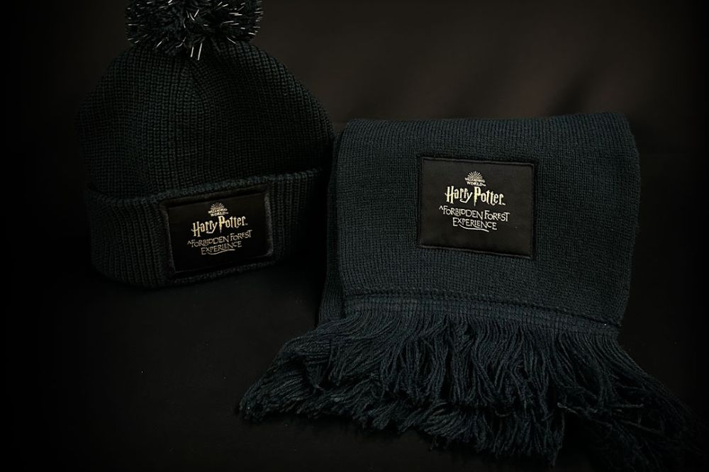 Black hat and scarf.