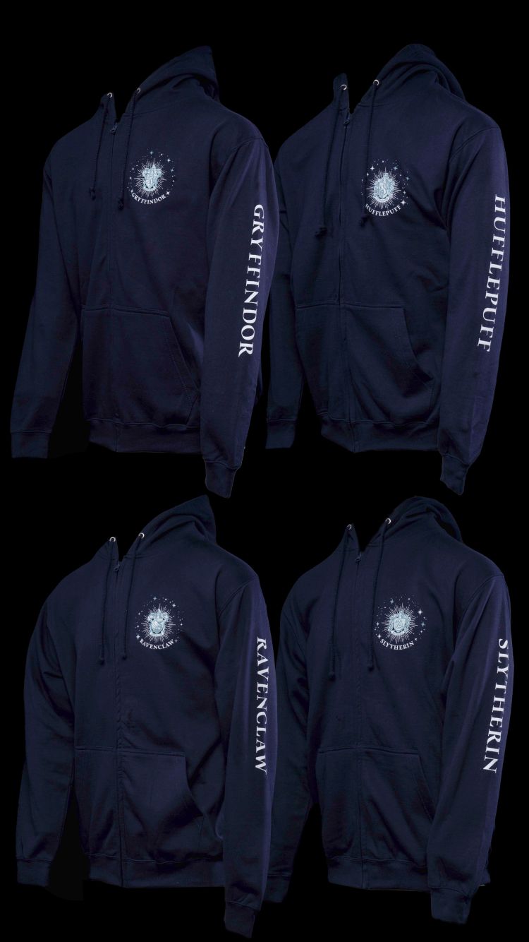 Black hoodies showing different houses.