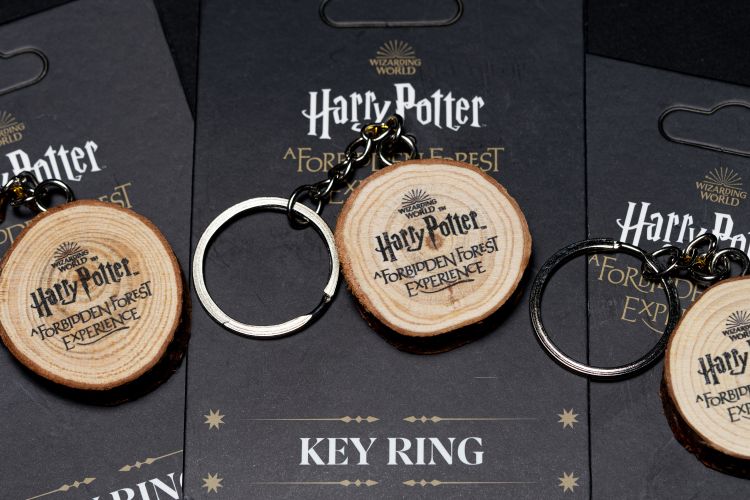 Large keyrings in the shape of wooden tree rings.