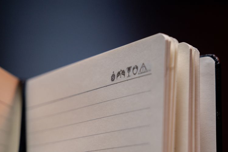 Notepad with corner details showing various Harry Potter symbols.