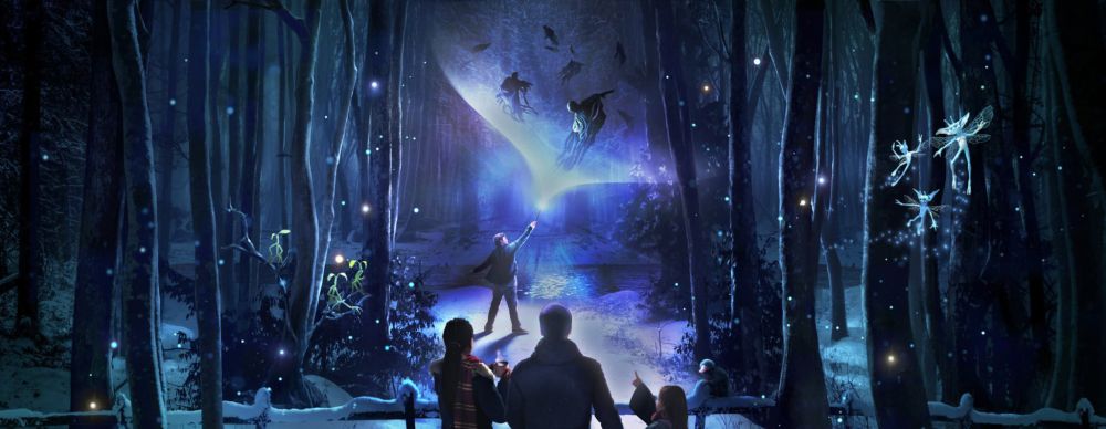 Ravenswood Key Art for Harry Potter Forbidden Forest, showing visitors in front of Harry fighting off the dementors.