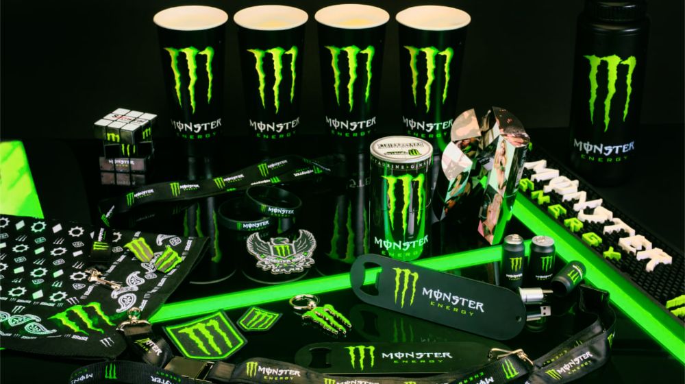 A selection of Monster merchandise.