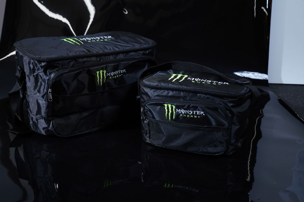 Monster branded black bags.