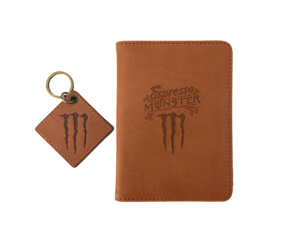 Monster-branded stitched leather passport and keyring.