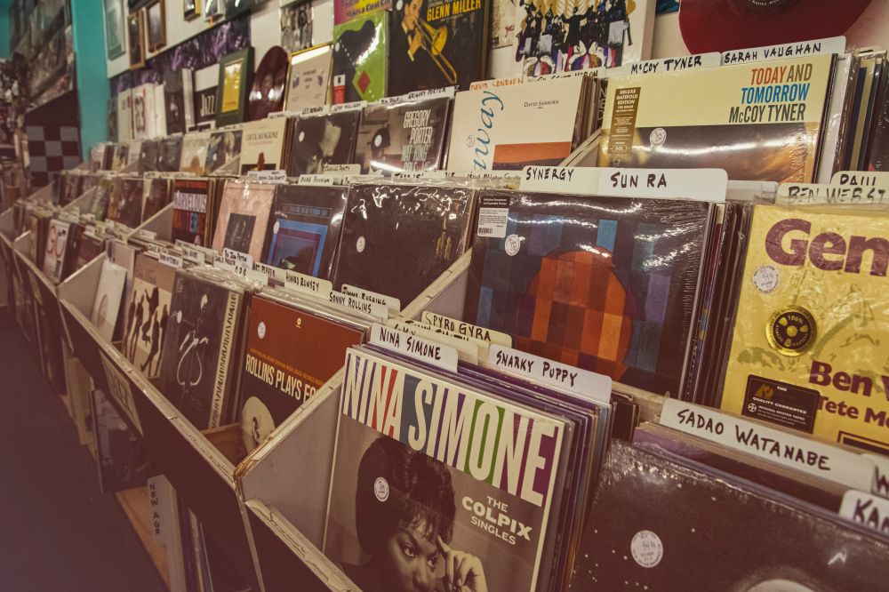 A view of vinyl jazz records in a record store including Nina Simone.