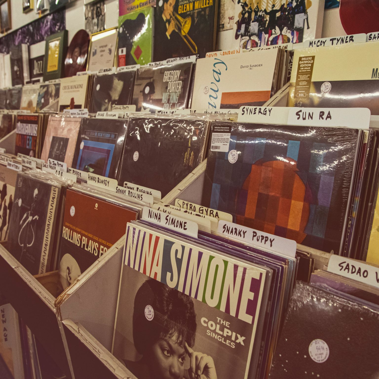 A view of vinyl jazz records in a record store including Nina Simone.
