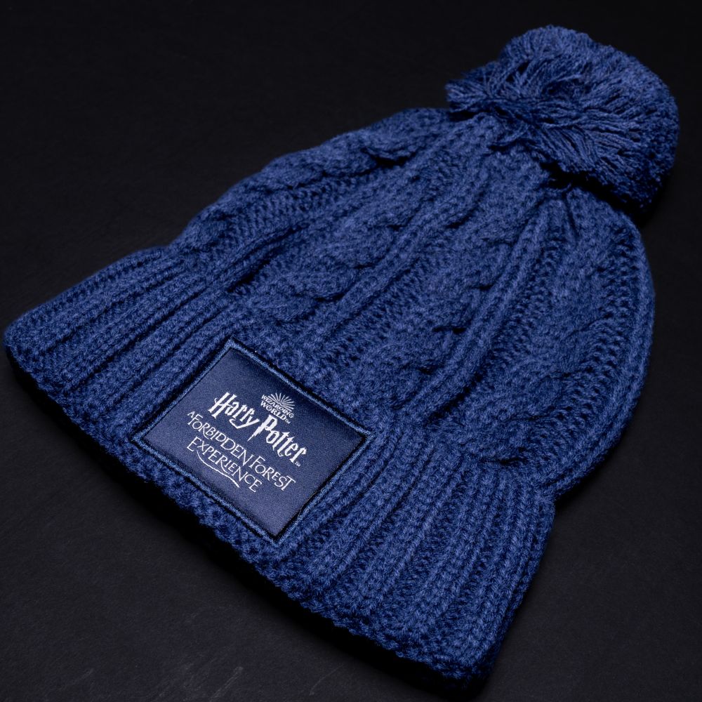 Blue woolly hat.
