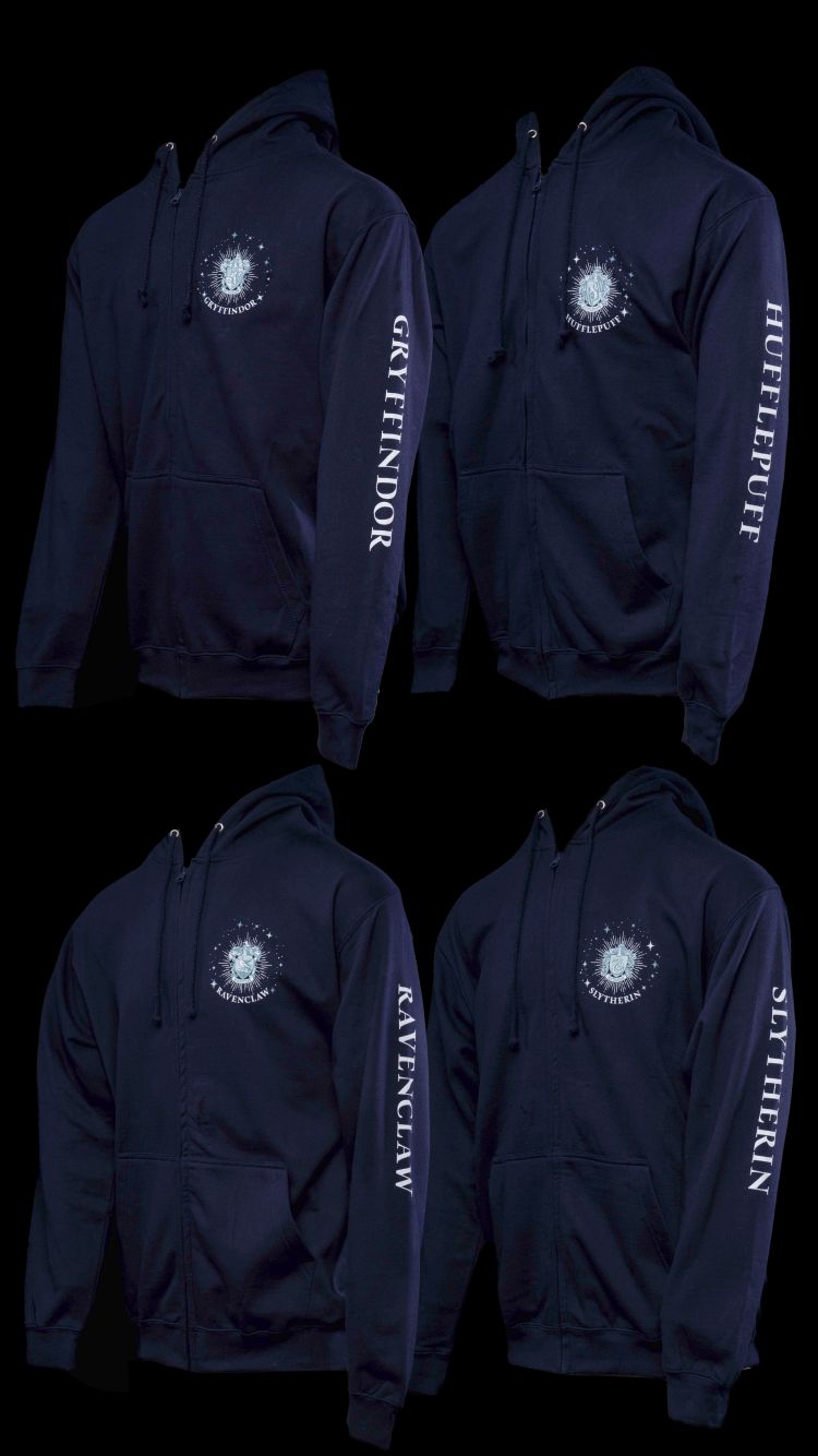 Black hoodies showing different houses.