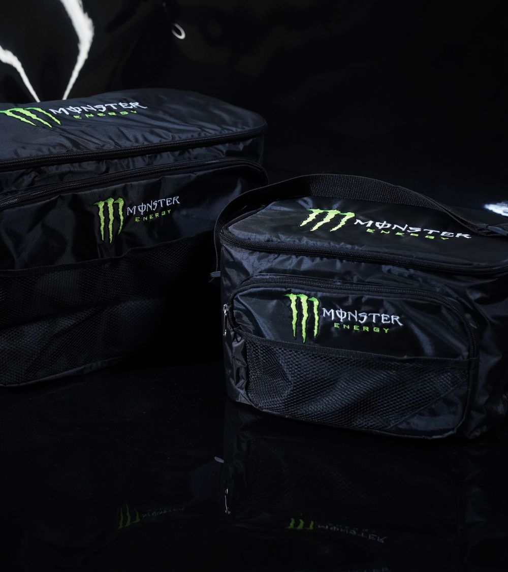 Monster branded black bags.