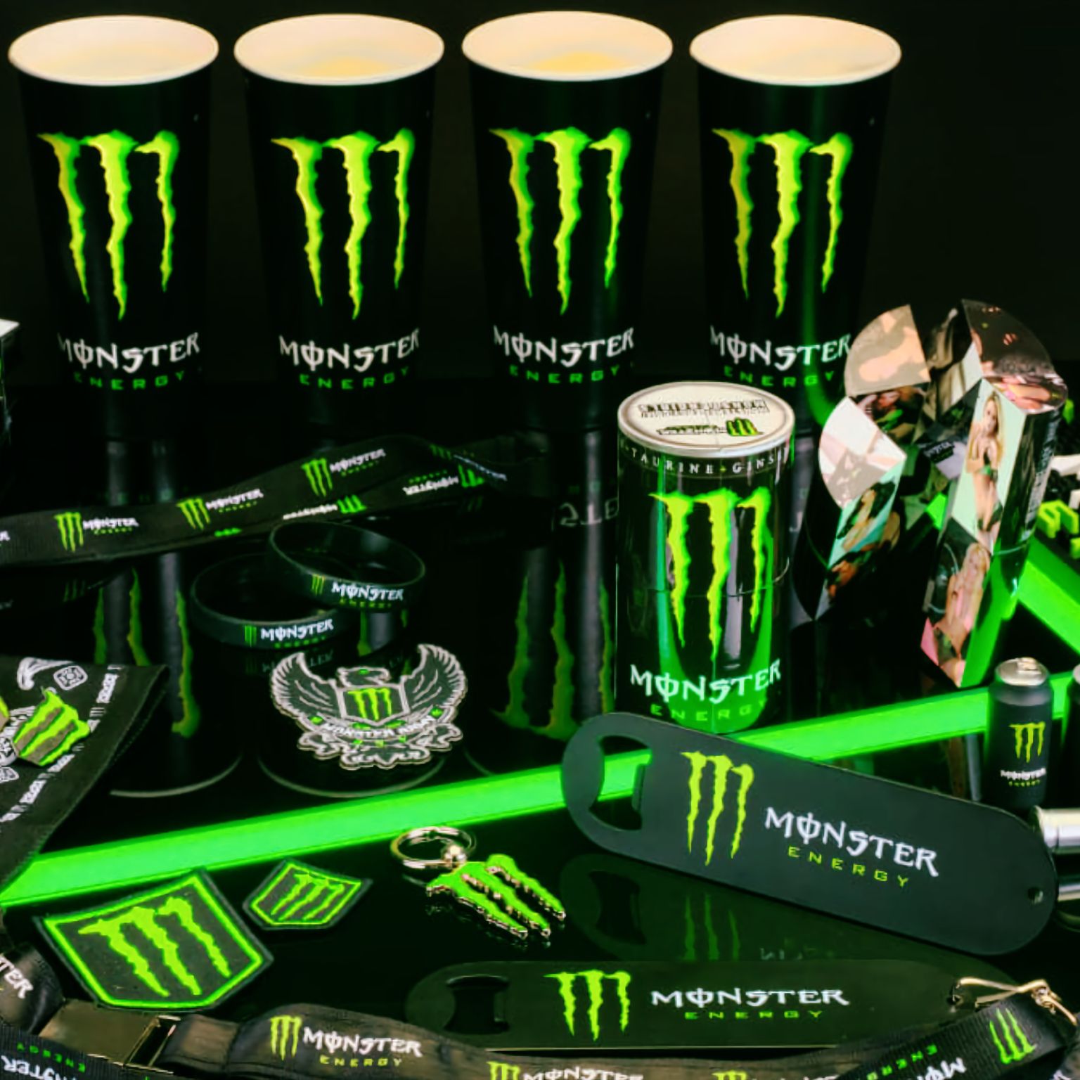 A selection of Monster merchandise.